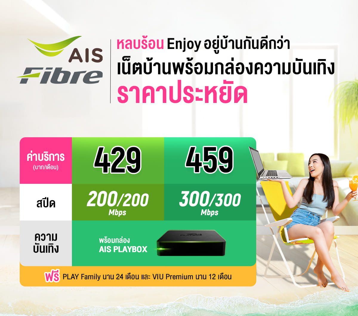 เน็ตบ้าน AIS Fibre 429 บ./ด. พร้อมกล่องทีวี เร็ว 200/200 1 เน็ตบ้าน AIS - แพ็กเกจBroadband Plus
