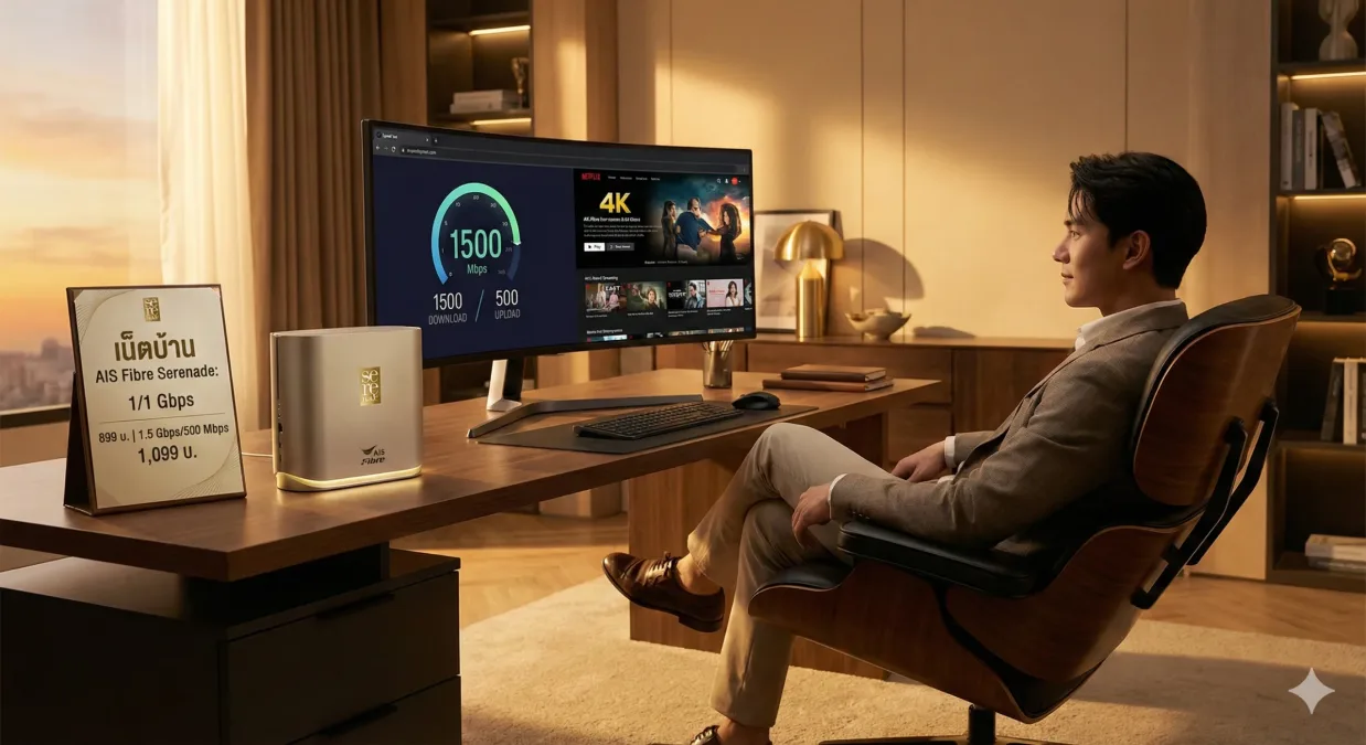 เน็ตบ้าน ais fibre serenade เร็ว 1 / 1 gbps 899 บ. | 1. 5 gbps/500 mbps 1,099 บ.