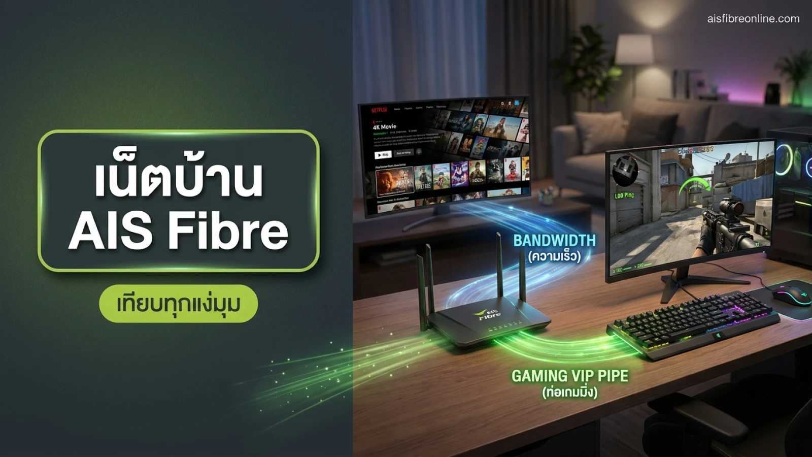 บรรยากาศโต๊ะคอมพิวเตอร์พร้อมเร้าเตอร์เน็ตบ้าน AIS Fibre และหน้าจอเล่นเกมออนไลน์ในห้องแสงไฟ RGB
