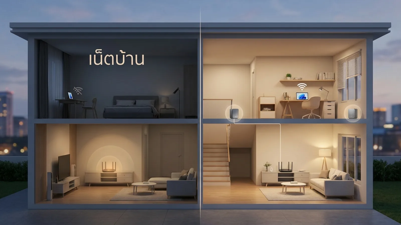 บรรยากาศจำลองภายในบ้านสองชั้นที่มีการวางเราเตอร์และอุปกรณ์ขยายสัญญาณเน็ตบ้านเพื่อให้ครอบคลุมทุกห้อง