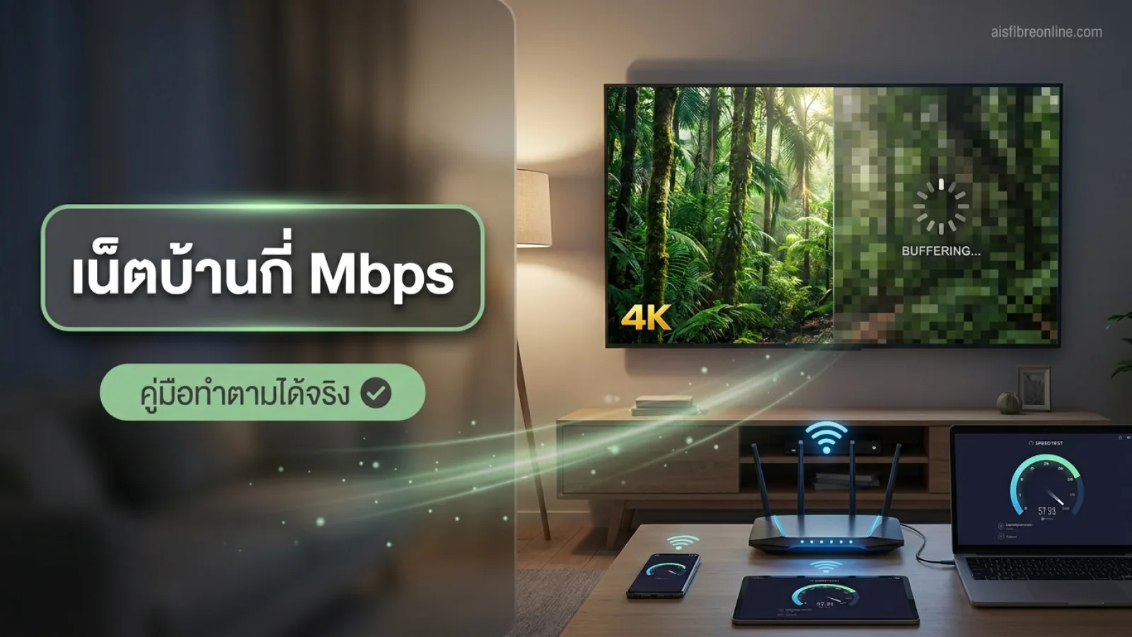 สมาร์ททีวีจอใหญ่ในห้องนั่งเล่น กำลังฉายภาพยนตร์ความละเอียดสูง พร้อมเร้าเตอร์เพื่อตอบโจทย์ว่าเน็ตบ้านกี่ mbps ถึงจะเพียงพอ
