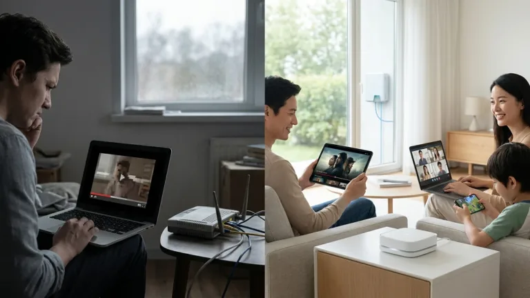 บรรยากาศห้องนั่งเล่นสว่างสบายตา มีเราเตอร์ Wi-Fi วางบนชั้นไม้ พร้อมครอบครัวใช้งานติดเน็ตบ้าน ของอะไรดีผ่านแท็บเล็ต
