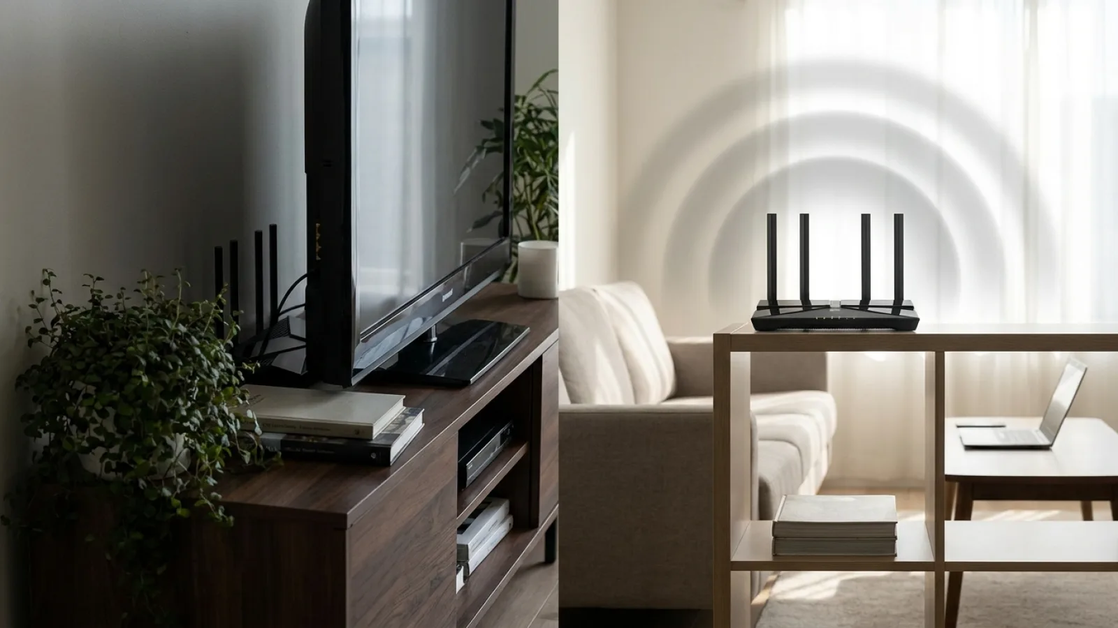 เราเตอร์ wifi สีดำวางอยู่บนชั้นไม้ในห้องนั่งเล่นที่สว่างและตกแต่งอย่างทันสมัย