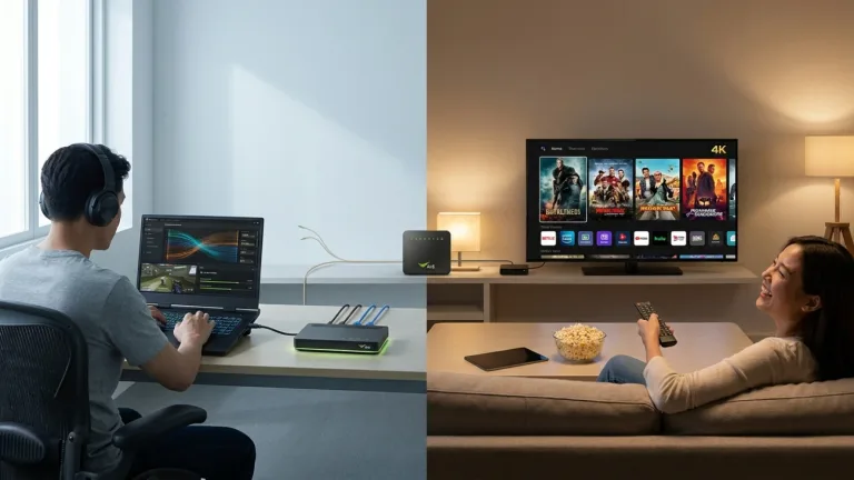 โทรทัศน์ที่เชื่อมต่อกล่อง AIS PLAYBOX วางอยู่บนชั้นวางไม้ข้างเราเตอร์ WiFi ในห้องนั่งเล่นบรรยากาศอบอุ่น