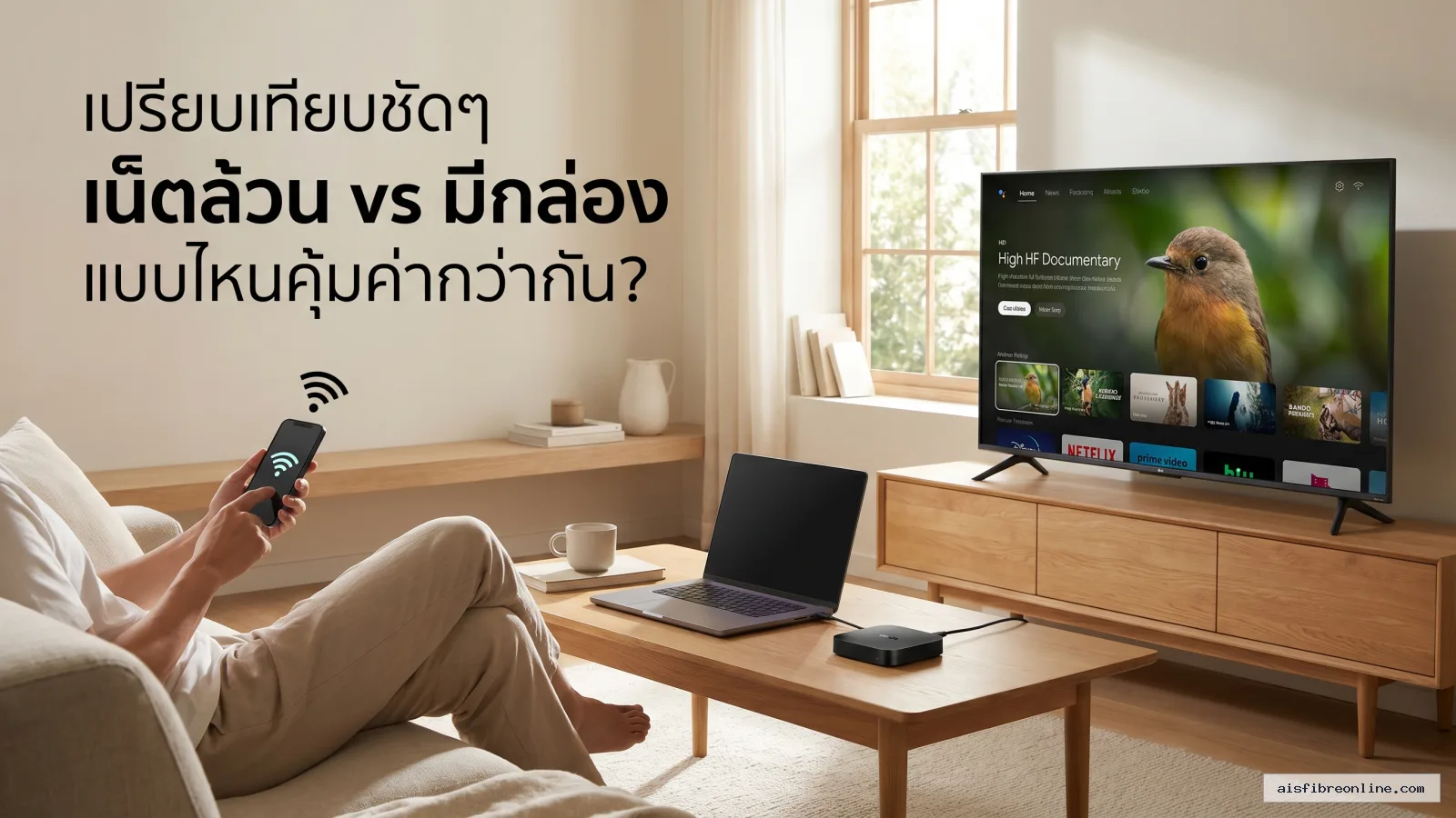 สรุปประเด็น เปรียบเทียบชัดๆ เน็ตล้วน vs มีกล่อง แบบไหนคุ้มค่ากว่ากัน? ในบทความ ไขข้อข้องใจ: ติดอินเตอร์เน็ตบ้าน AIS