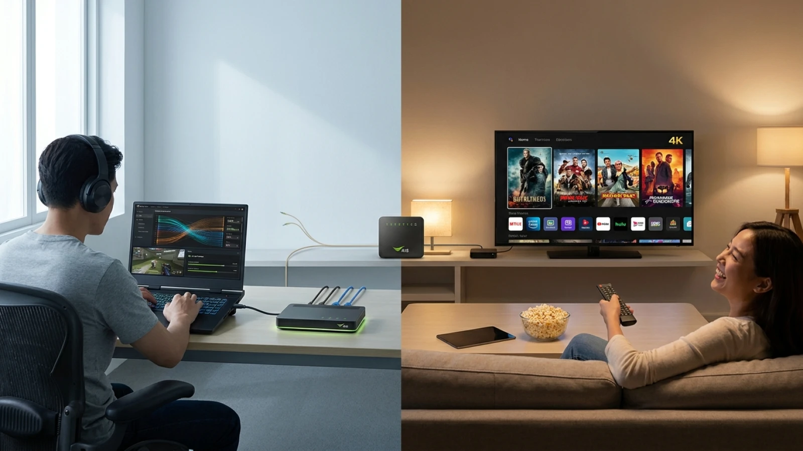 โทรทัศน์ที่เชื่อมต่อกล่อง AIS PLAYBOX วางอยู่บนชั้นวางไม้ข้างเราเตอร์ WiFi ในห้องนั่งเล่นบรรยากาศอบอุ่น
