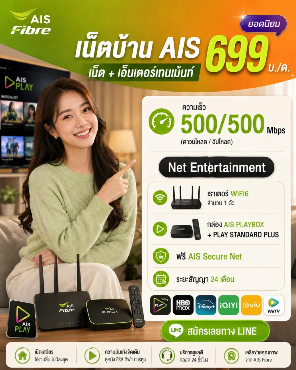 โปรเน็ตบ้าน AIS Fibre แพ็กเกจ 699 บาท พร้อมความบันเทิง