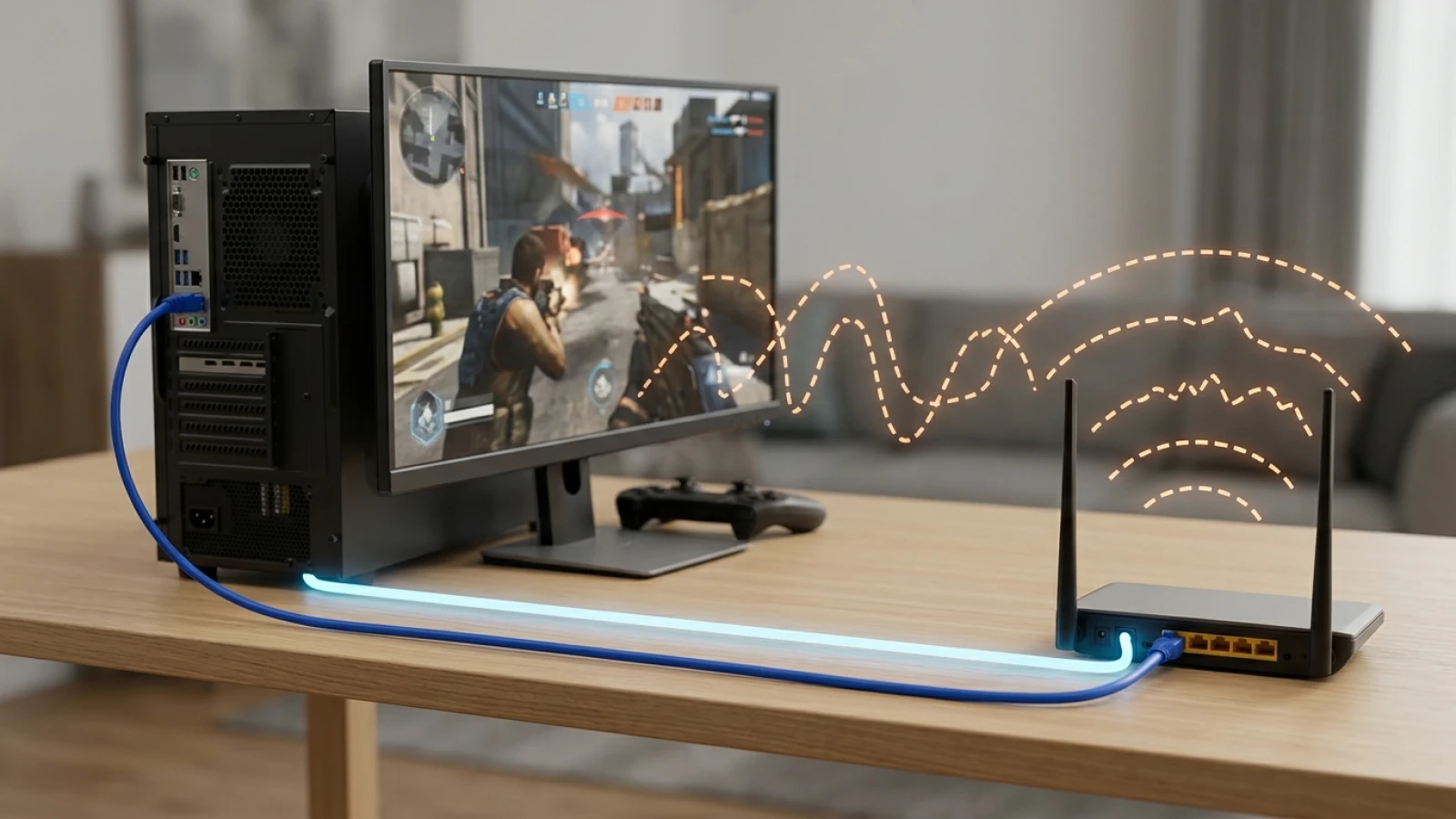 ภาพประกอบเชิงบรรณาธิการเกี่ยวกับ เปลี่ยนจาก WiFi มาเสียบสาย LAN แล้วเกมหายแลค ทำไมต่างกันได้ขนาดนั้น โดยเน้น สาย LAN เล่นเกม