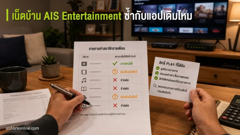 ติดเน็ตบ้าน AIS แสดง รายการค่าสมาชิกรายเดือนหลายรายการในรูปแบบเช็กลิสต์ที่อ่านเป็นนัยได้ว่าเป็นบิลเดิม ไม่ต้องระบุชื่อบริการอ
