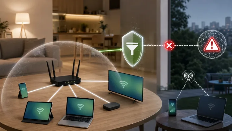 AIS Fibre Secure Net แสดง บ้านเดียวที่มีอุปกรณ์หลายประเภทเชื่อมต่อผ่าน Wi‑Fi/เราเตอร์จุดเดียว