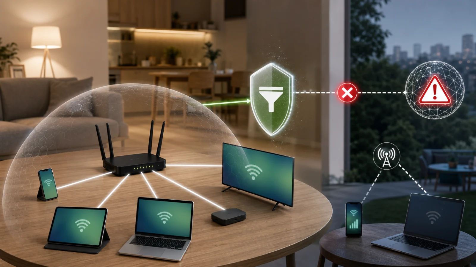 AIS Fibre Secure Net แสดง บ้านเดียวที่มีอุปกรณ์หลายประเภทเชื่อมต่อผ่าน Wi‑Fi/เราเตอร์จุดเดียว