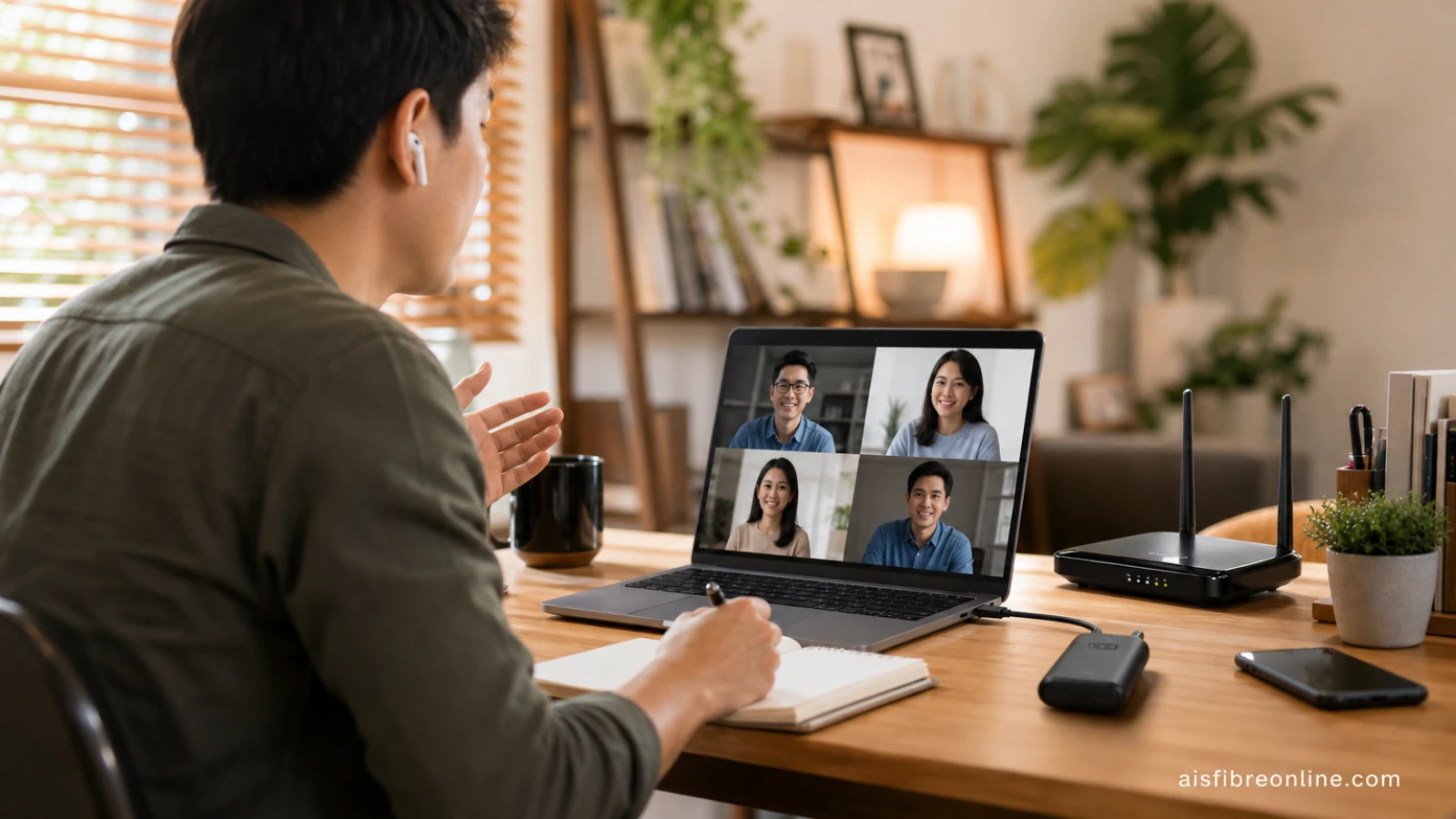 AIS Fibre SmartBackup แสดง คนทำงานจากบ้านกำลังอยู่ในวิดีโอคอลหรือทำงานบนแล็ปท็อป