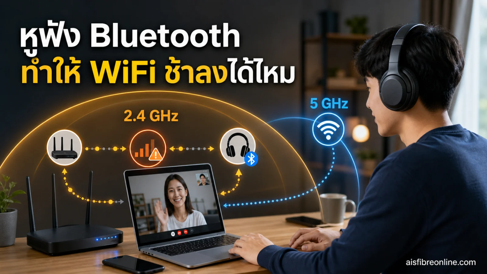 Bluetooth รบกวน WiFi แสดง Wireless headphones actively paired to the laptop or phone near the user